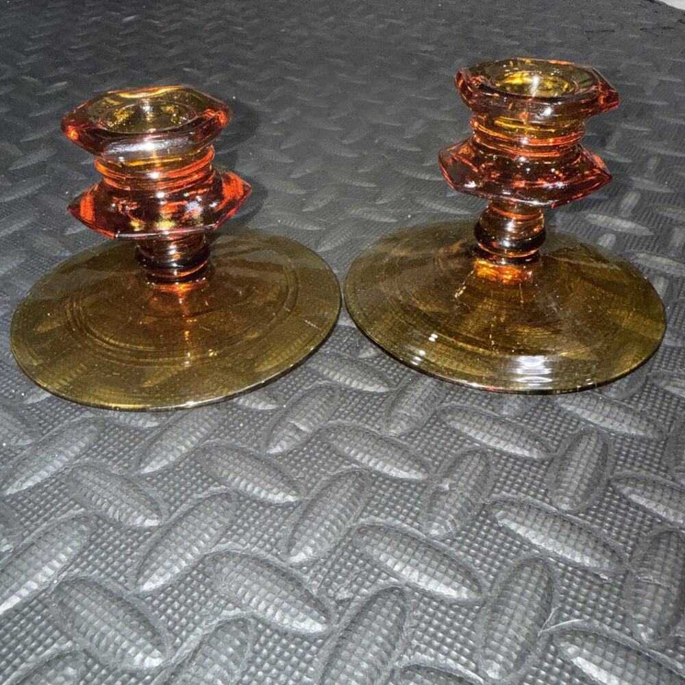 Set Of 2 Fostoria Royal Amber Tapered Candlestick Holders Depression Glass 3.5"